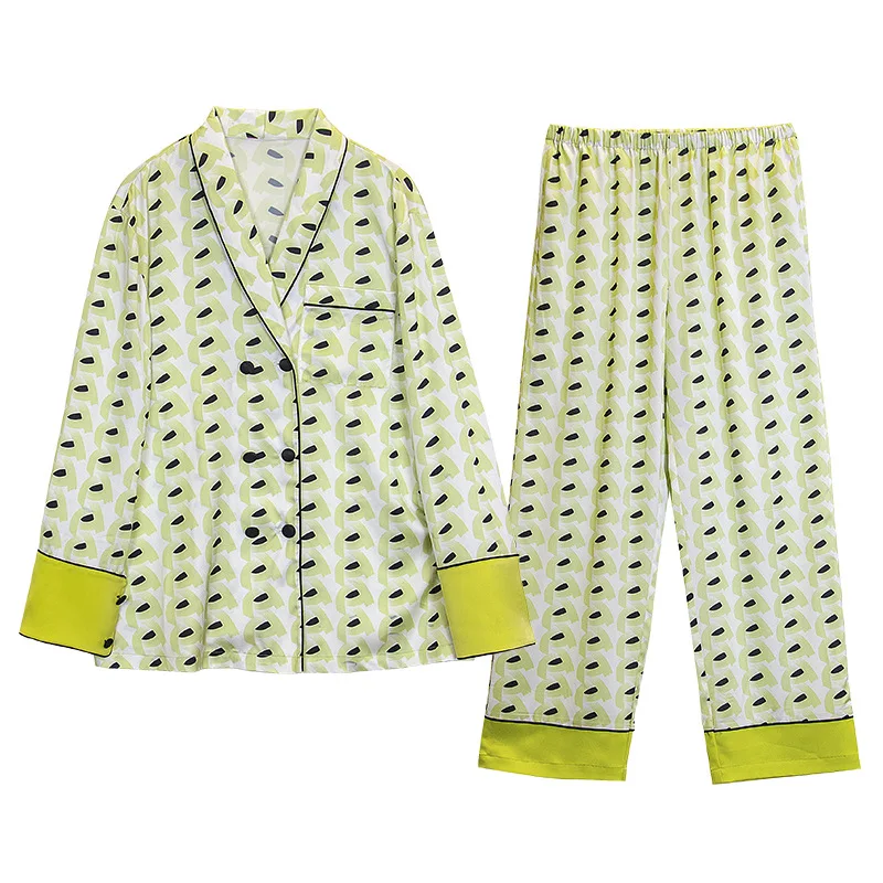 Green Color High Quality Ice Silk Pajamas Women's Long-sleeved Trousers Two-piece Home Clothes.