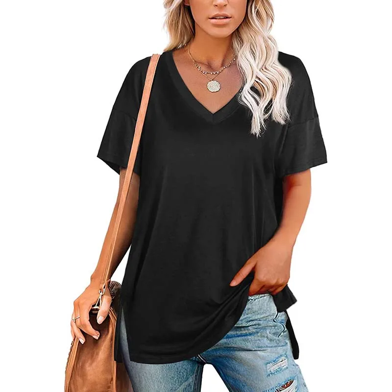Solid Color V Neck Simplicity Short Sleeve T Shirt Women Casual Loose Split Fork Hem Plus Size Tops Female Streetwear Blouse