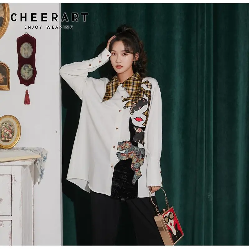 

Дизайнерская Осенняя женская блузка CHEERART 2020 с длинным рукавом, белая клетчатая Свободная рубашка с воротником на пуговицах, топы и блузки, о...