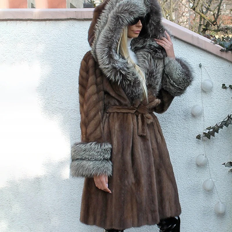 BFFUR Long Mink Fur Coats For Women Natural Genuine Mink Fur Jackets With Silver Fox Fur Hood And Cuff Luxury Overcoats Woman