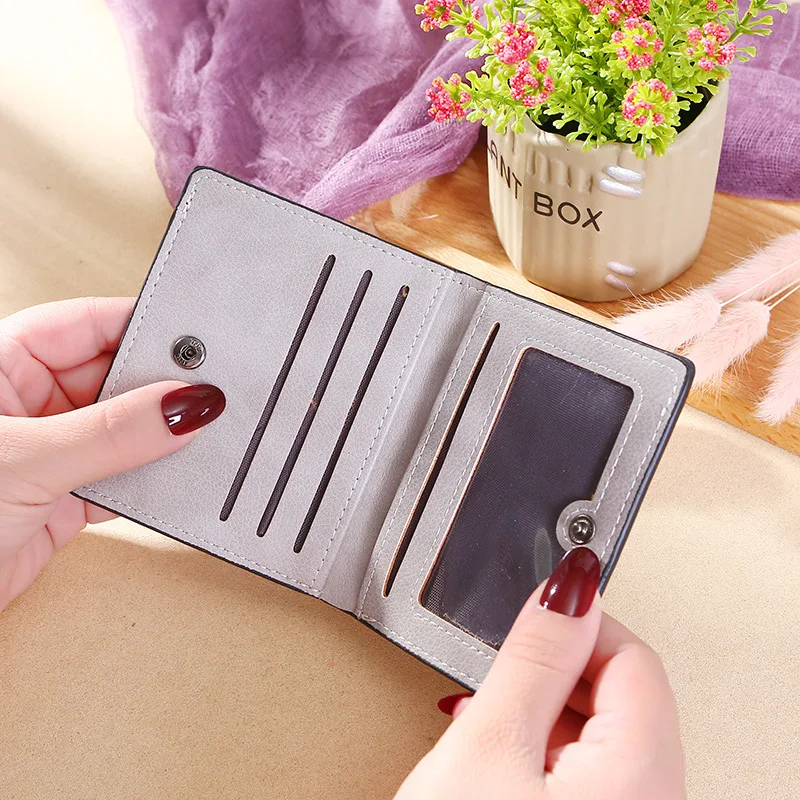

Korean Convenient Student Short Purse Women`s Wallet Girl Photo Card Holder ID Coin Purse PU Leather Female Fold Money Bag New