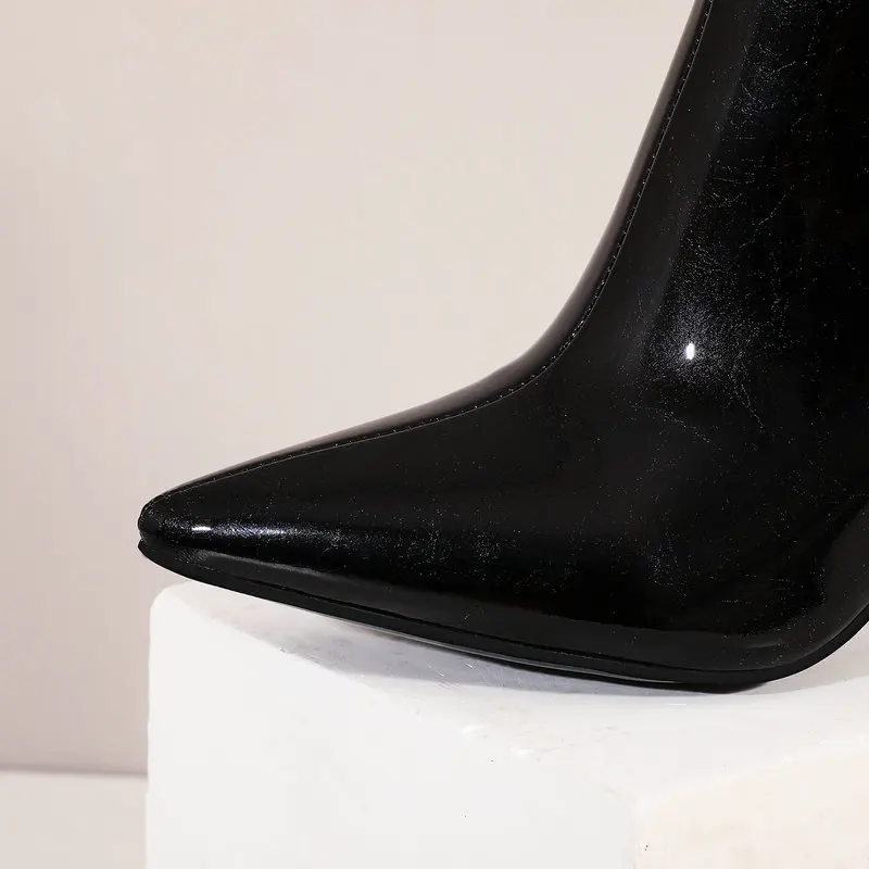 

2020 Women Boots Fashion Patent Leather Square High Heel Ankle Boots Pointed Toe Zip Boots Autumn Winter Ladies Shoes