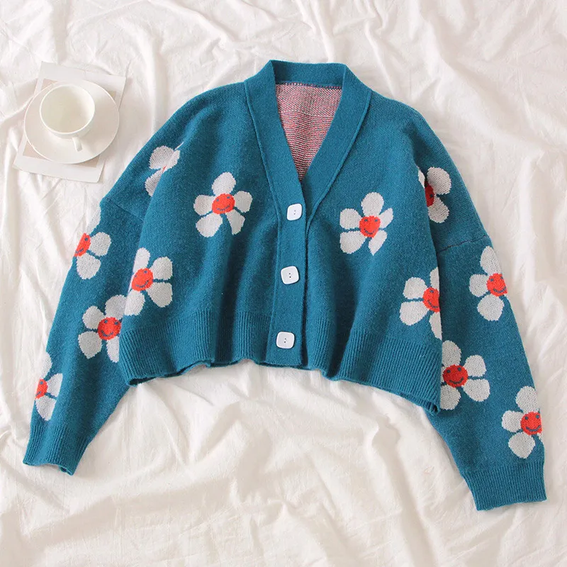 

Women Lady Floral V Neck Cardigans Sweater Knitting Long Sleeve for Autumn H9