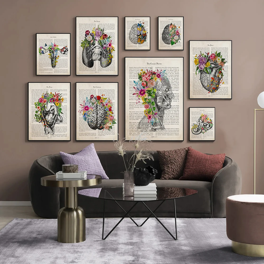 

Anatomy Art Medical Canvas Painting Floral Organs Heart Lung Poster Print Cardiologist Gift idea Hospital Picture Modern Decorat