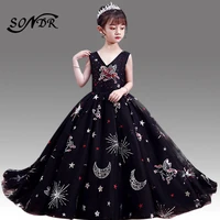 sequined flower girl dresses ht103 sleeveless black princess ball gowns shiny pattern pageant gown lace up kids party dress