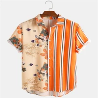 2020 england style mens ethnic printed stand collar stripe short sleeve loose hawaiian henley shirt hawaiian shirt s 3xl