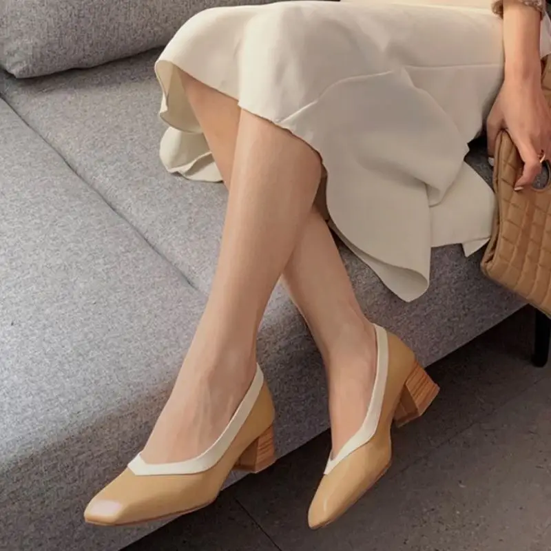 

KemeKiss Women Pumps Real Leather Mixed Color Thick Heel Shoes Woman Spring Square Toe Casual Office Lady Footwear Size 34-39
