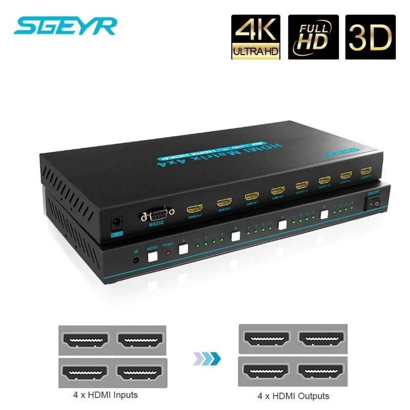 4x4 HDMI матрица коммутатор 4K переключатель 4 в разветвитель с ИК пультом