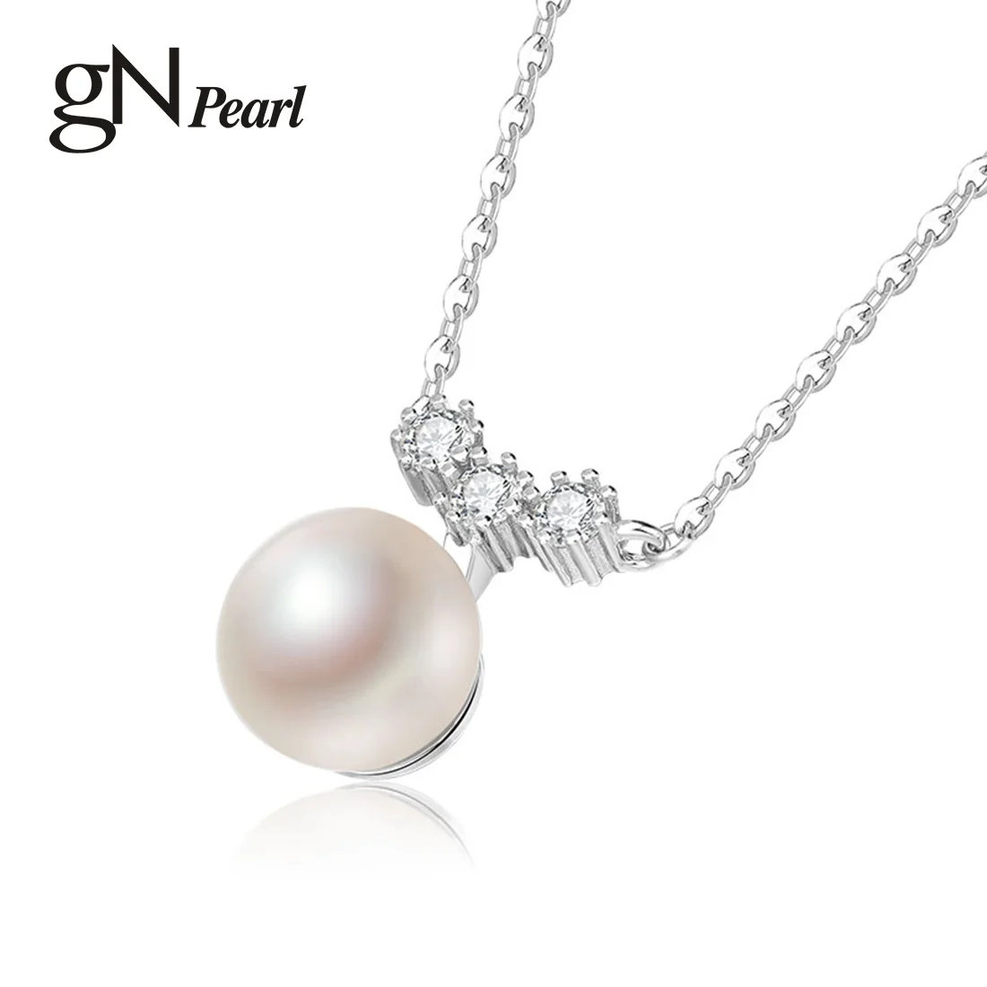 

gN Pearl Genuien White Natural Freshwater Round 8-9mm Pearl Pendants Necklaces 925 Sterling Silver Choker 40cm+5cm Chain gNPearl