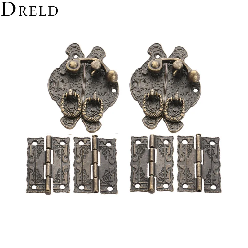 DRELD 4 шт. мебель петли для шкафа + 2 Античная бронзовая бижутерия деревянный ящик