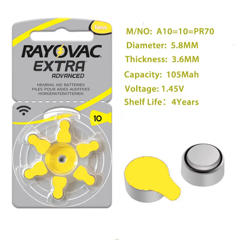 

30 PCS / 5 card RAYOVAC EXTRA Zinc Air 1.45V Performance Hearing Aid Batteries A10 10A 10 PR70 Hearing Aids Battery Ear Care