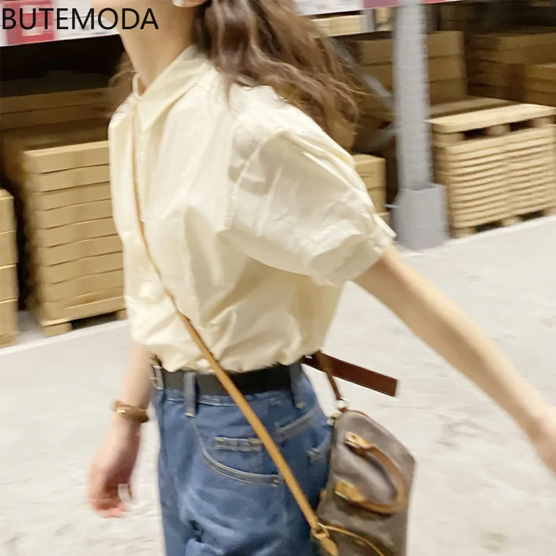 

Butemoda Women Solid Temperament Fashion Thin Korean Style Daily Tops Mujer College 2021 Slim Summer Short Sleeve Casual Button