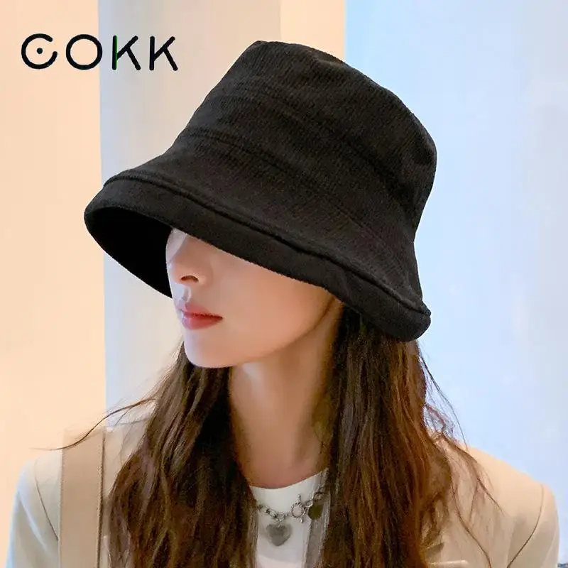 

COKK Autumn Winter Hat Women Cotton Bucket Hat Wide Brim Fisherman Cap Foldable Outdoor Solid Color Bob Cap Gorro New