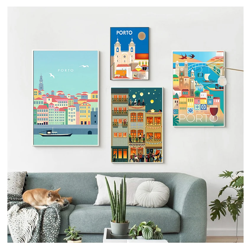 

House Vintage Travel Poster Canvas Painting Kraft Poster Coated Wall Sticker Home Decor Gift Porto Cathedral Portugal Music