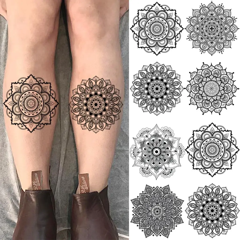 

3D Реалистичная мандала, цветок, модные Временные татуировки до бедра для женщин, взрослая хна, искусственная татуировка, украшение для боди-...