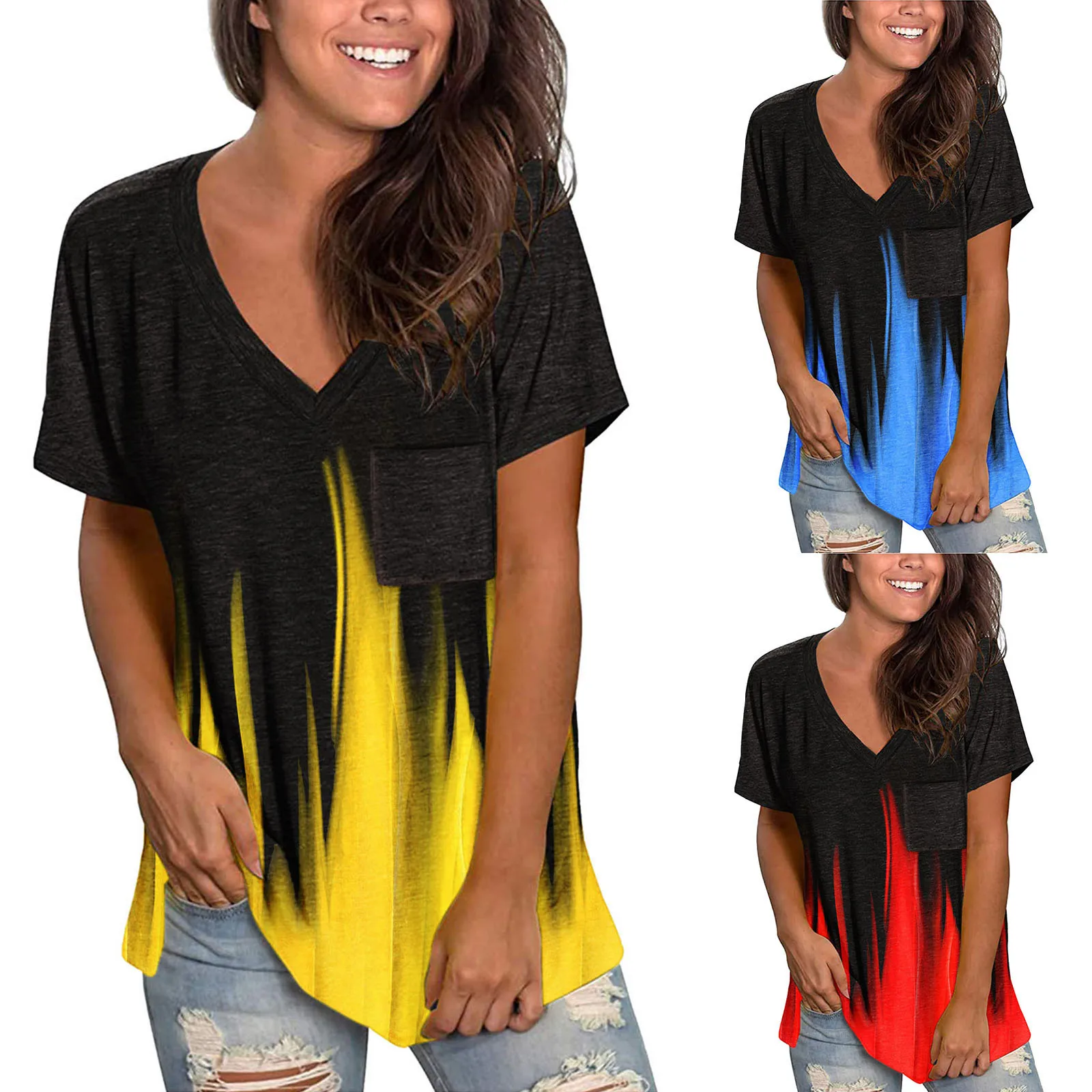 

Женская футболка с коротким рукавом, V-образным вырезом и карманами