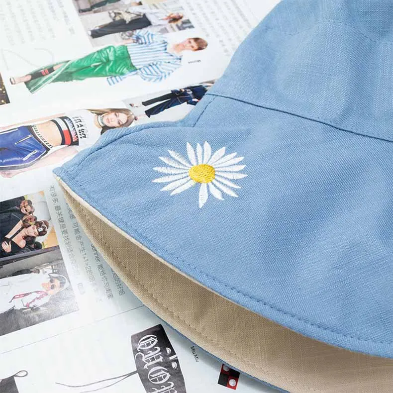 Spring Summer Autumn Sun Hat Polyester Bucket Hat Women Panama Double-sided Chrysanthemum Embroidered Hat Daisy Fisherman Hat