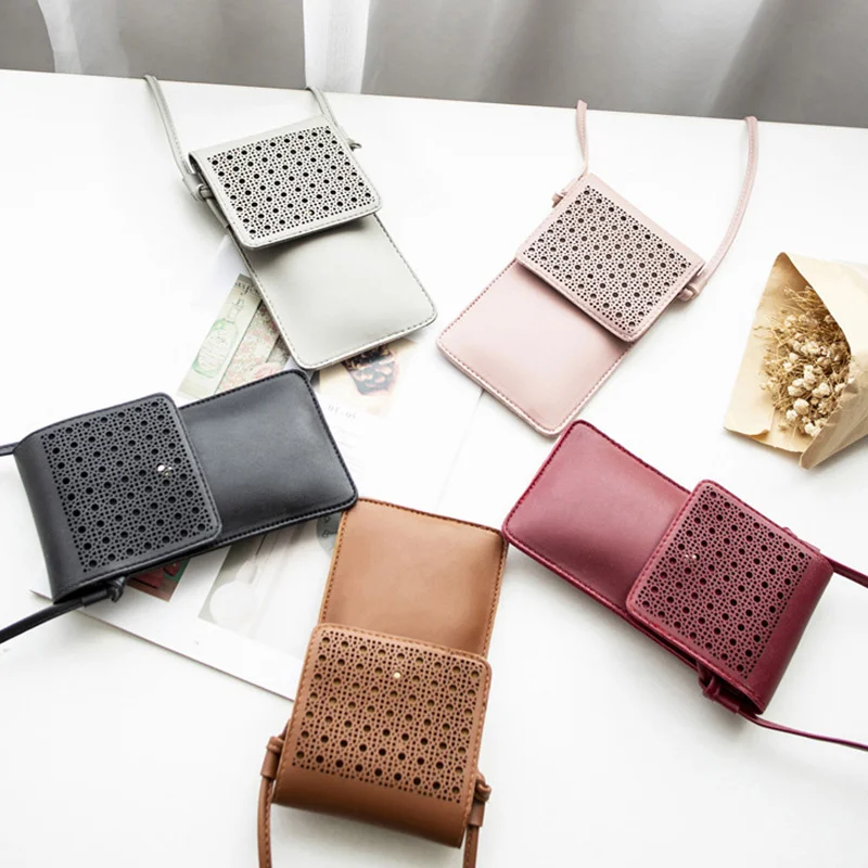 

Frauen Touchscreen Handy Geldbörse Transparent Einfache Hohl Design Crossbody Smartphone PU Leder Schulter Licht Handtaschen