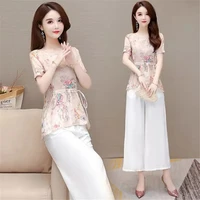 womens summer clothing suit the new 2022 fashion mid waist wide leg pants print tops o neck casual 2 piece set card quality