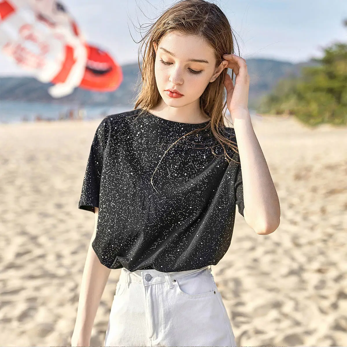 

Summer Shinning Star Women T-Shirt Short Sleeve 100% Cotton Basic Top Solid Femal Clohte