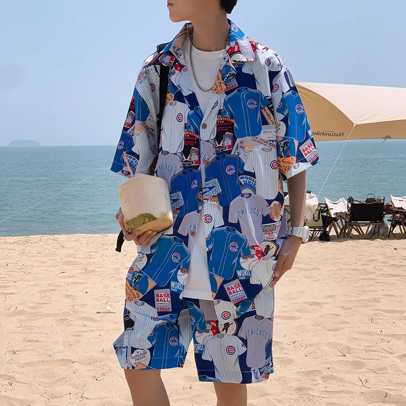 

Hong Kong style summer beach short sleeve shirt suit men popular logo casual shorts loose print square collar shirt