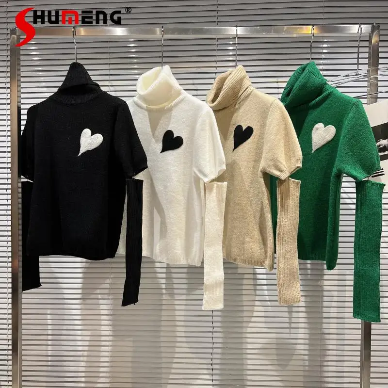 

2021 Winter New Love Pattern Stitching Sleeves Knitted Sweater Female Fashion Versatile Turtleneck Slimming Knitwear for Ladies