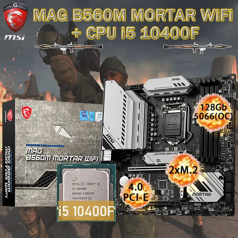 

LGA1200 MSI B560M MORTAR WIFI Motherboard Set + Intel i5 10400F Combo DDR4 128Gb M.2 PCI-E 4.0 Chia Placa-mãe Desktop Intel B560