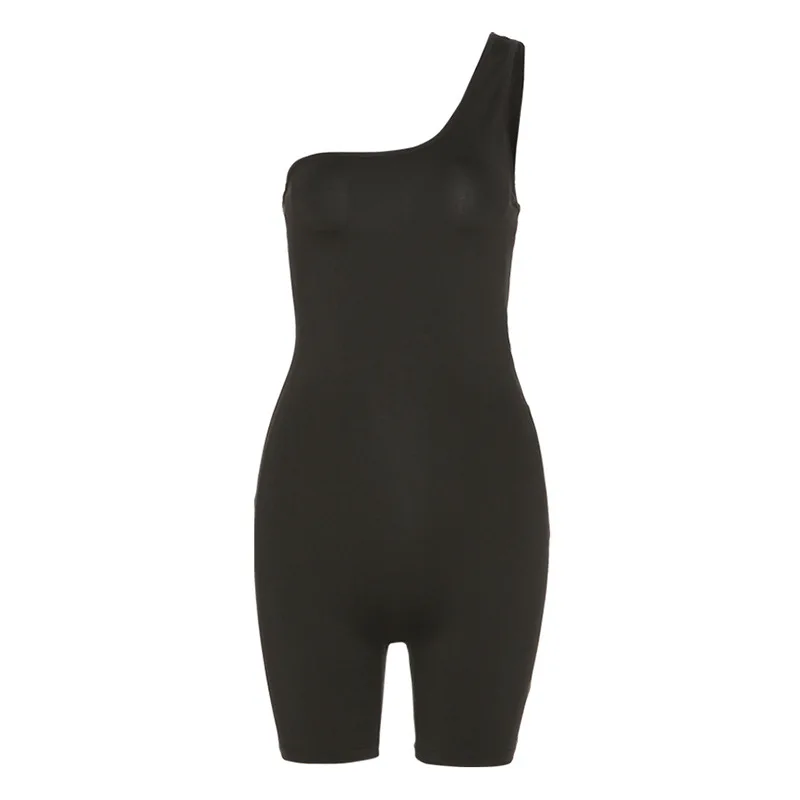 

Spring Summer Sexy Sleeveless One Shoulder Skinny Short Jumpsuits Fitness Jogging Sport Streetwear Solid Casual Playsuits 2021