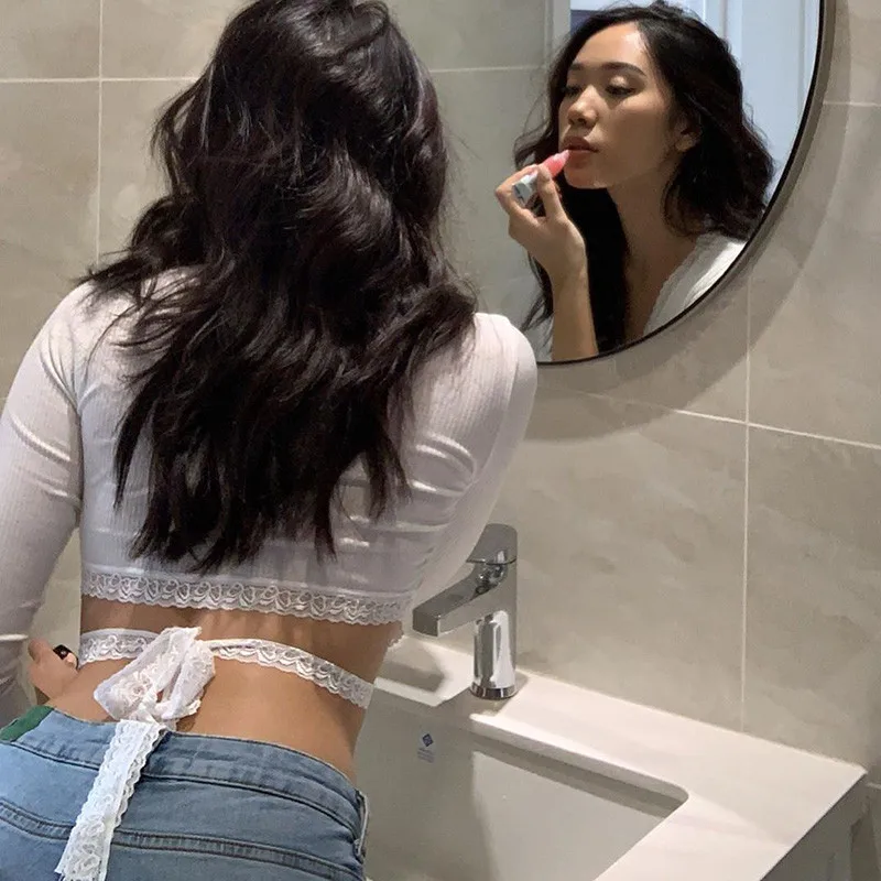 

Women Spring Sexy Crop Tops Long Sleeve V-neck Lace Bandage Cardigan Lady Slim Solid Color Cloubwear