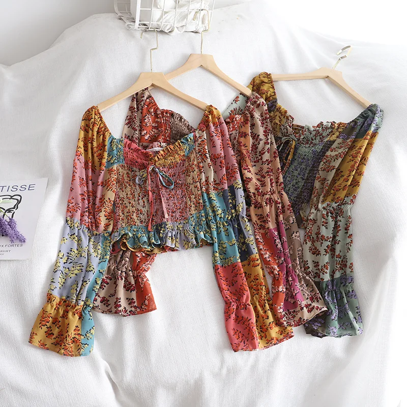 

Summer Bohemian Women Shirts Blouses Chiffon Flare Sleeve Slash Neck Panelled Blouse Sexy Floral Vintage Ladies Corset Top 2021
