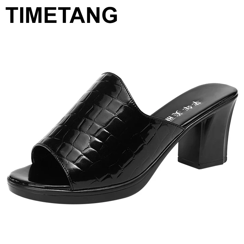 

TIMETANG Plus Size 32-43 High Heels Slippers Women Platform Shoes Summer 2021 Block Heel Patent Leather Slides Ladies Slippers