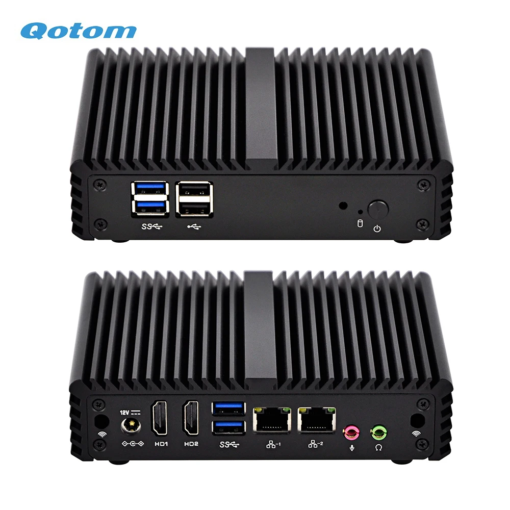 Qotom безвентиляторный мини промышленный ПК с 2 LAN и 2 портами дисплея, процессор Celeron J3160 четырехъядерный 2,24 ГГц
