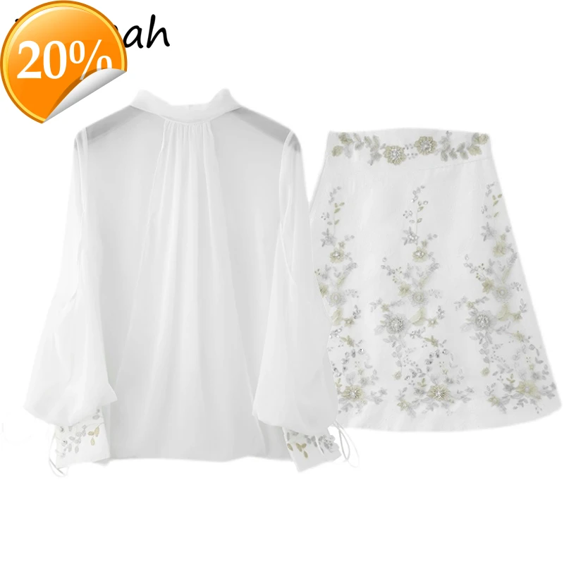 

Spring Women fashion designer skirt set lantern sleeve loose blouses + High waist crystal A-line skirts Two pieces of