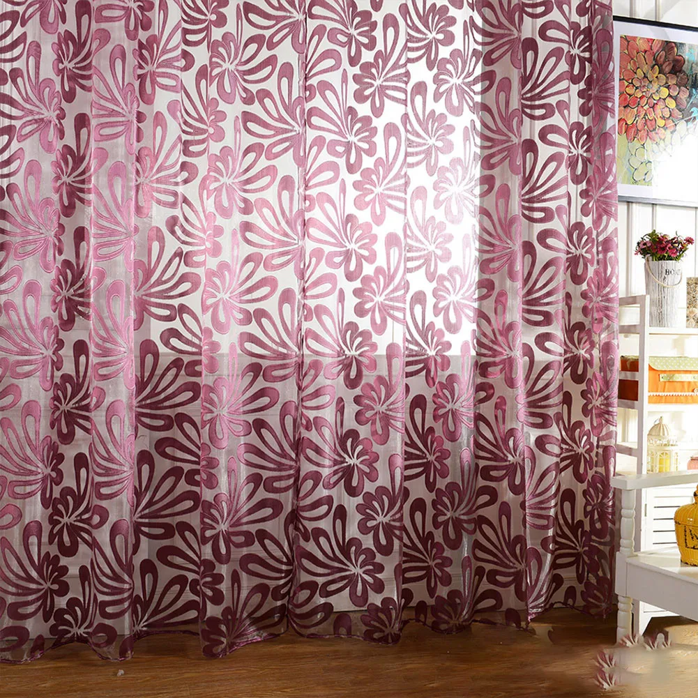 

Large Flower Curtain Transparent Round Hole Living Room Decoration One Piece Set For Bedroom Solid Voile Curtain Gauze Decor