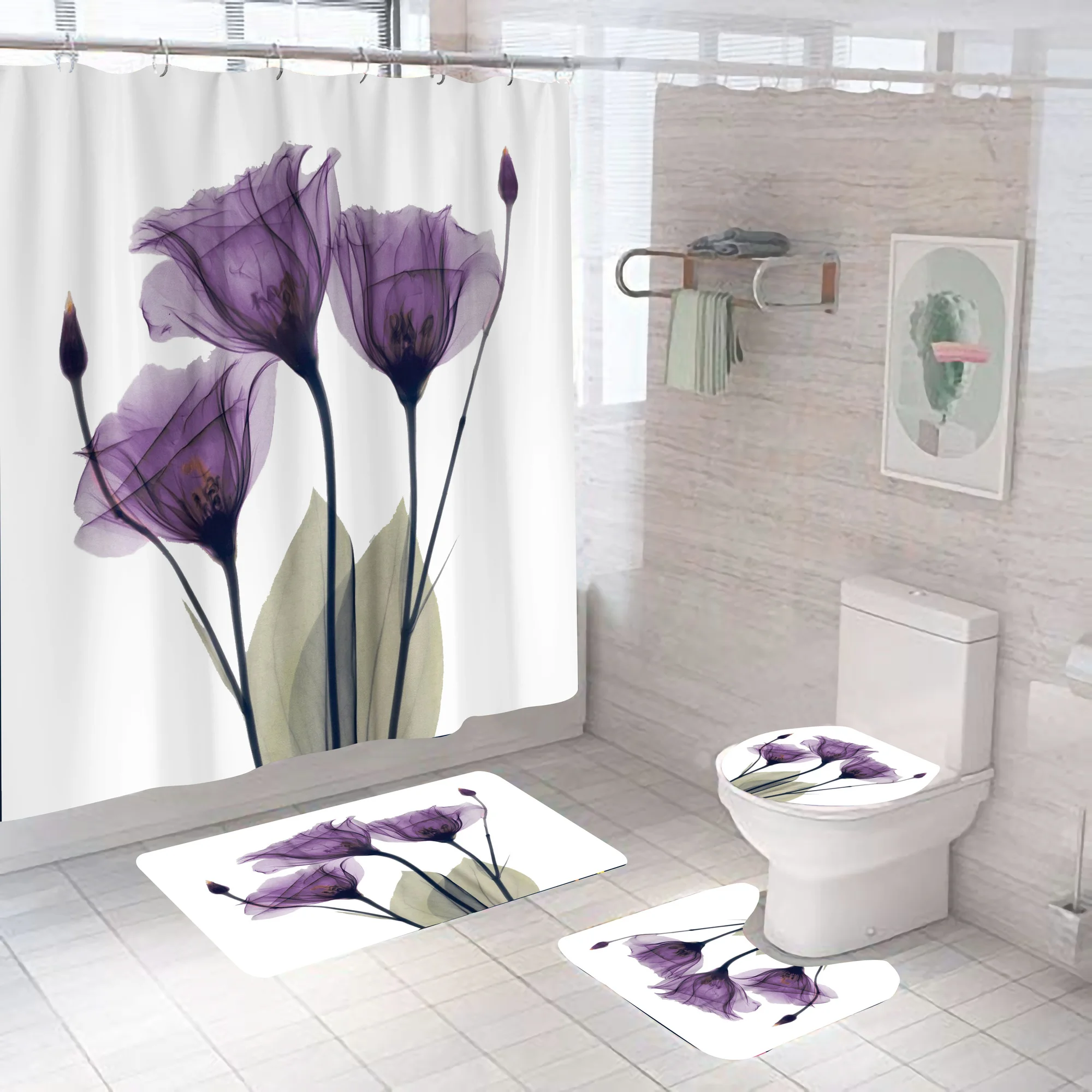 

Purple Flower Shower Curtain 3d Print Romantic With Non Slip Rug Mat Bathroom Curtains Waterproof Polyester Home Decor 180x180