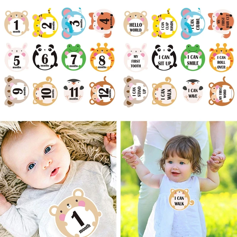 

85DE 12 Pcs Cartoon Months Cards Skills Cards Memorial Stickers Newborn Photography Props Memory Recording Milestone Stickers