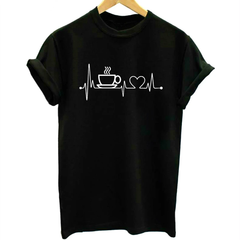 Женская футболка с принтом кофейного сердцебиения Повседневная забавная для