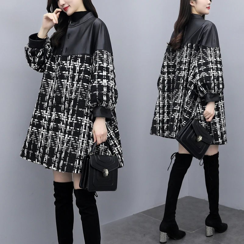 

Autumn Winter Women Pu Leather Plaid Woolen Coat Patchwork Black Female Long Jackets Ladies Stand Collar Single Breasted Jackets