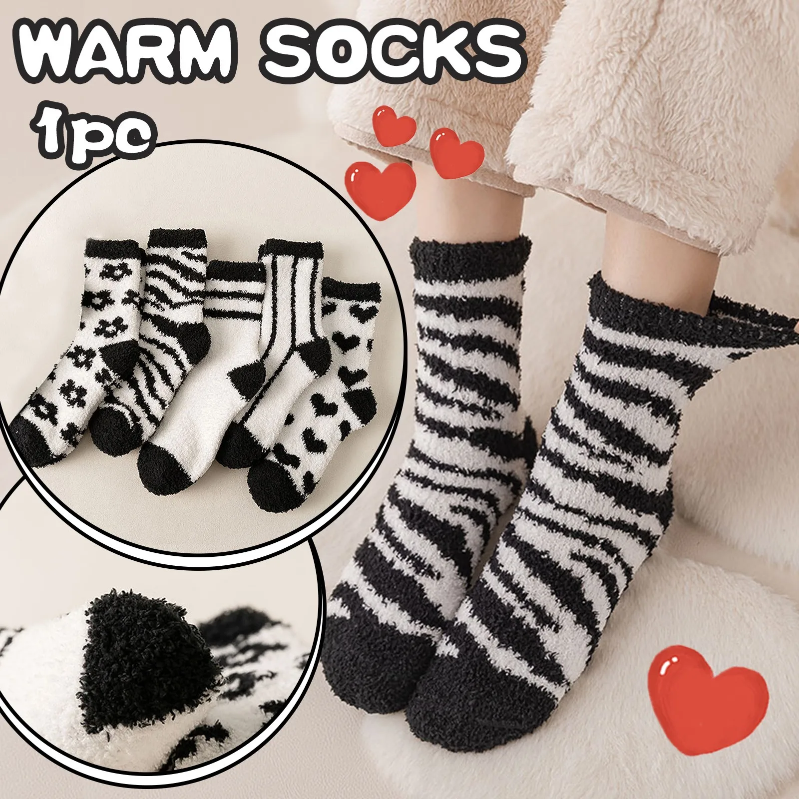 

1 Pair Socks Women Casual Winter Warm Coral Fleece Middle Tube Socks Ladies Print White Black Calcetines mujer Soft Sleep Socks
