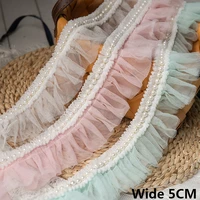 6cm wide luxury embroidery 3d pleated mesh fabric lace fringe ribbon collar beads ruffle trim dress cloth diy sewing decoration