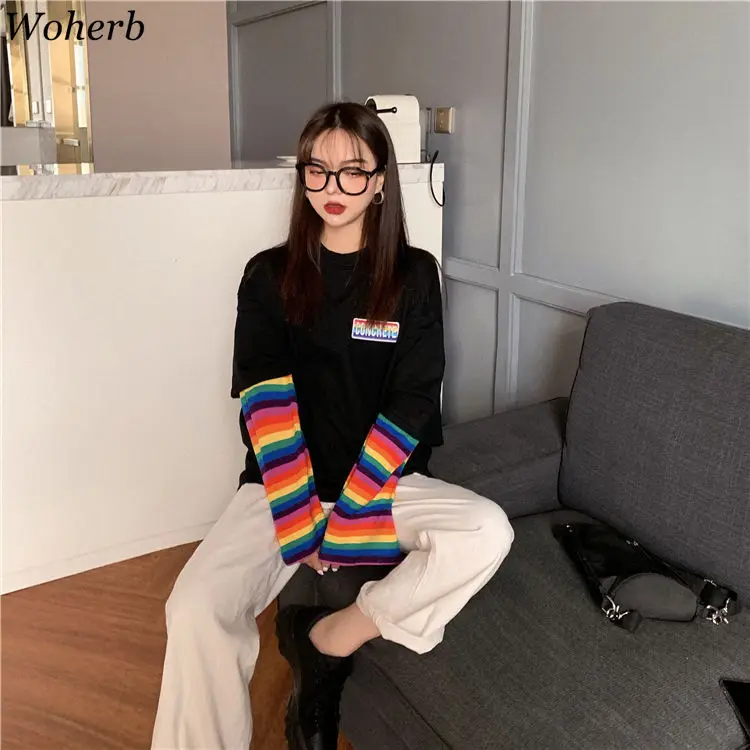 Футболка Woherb Женская в радужную полоску повседневный Свободный Топ из двух