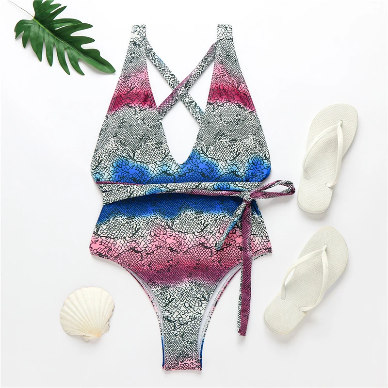 Цельный купальник со змеиным принтом женская одежда для плавания открытая спина