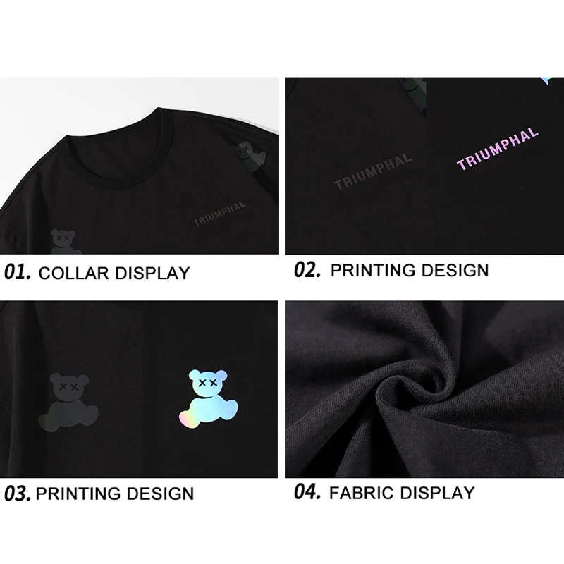 

TFETTERS Summer T Shirt for Men Korean Fashion Reflective Colorful Bear Print Couple Short-Sleeved T-Shirt Men 100% Cotton