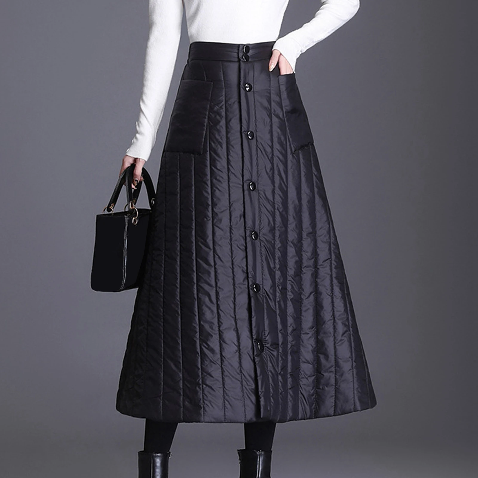 

Women A-line Long Skirt Warm Down Cotton High Waist One-Piece