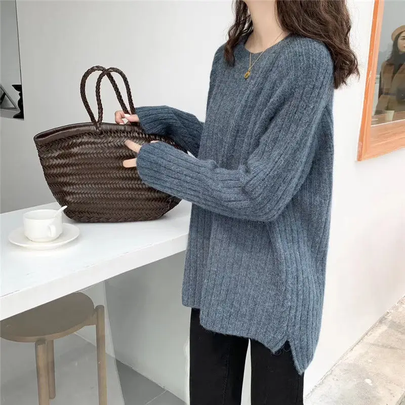 

2021 Autumn Winter Sweater Women Fashion Round Neck Solid Color Sweater Loose Casual Sweater Long Sleeve Knit Pullover Y243