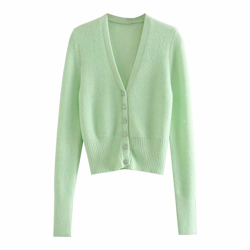 

Vogue Casual Woman V Neck Diamond Button Knitted Cardigan Spring Fashion Ladie Light Green Soft Knitwear Grils Sweet Sweaters