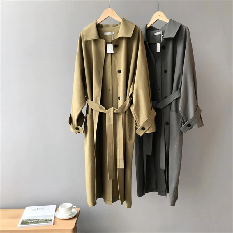 

Vintage women trench coat 2019 Autumn Single breasted trench Coats Sashes slim long trench female office solid Coats Windproof