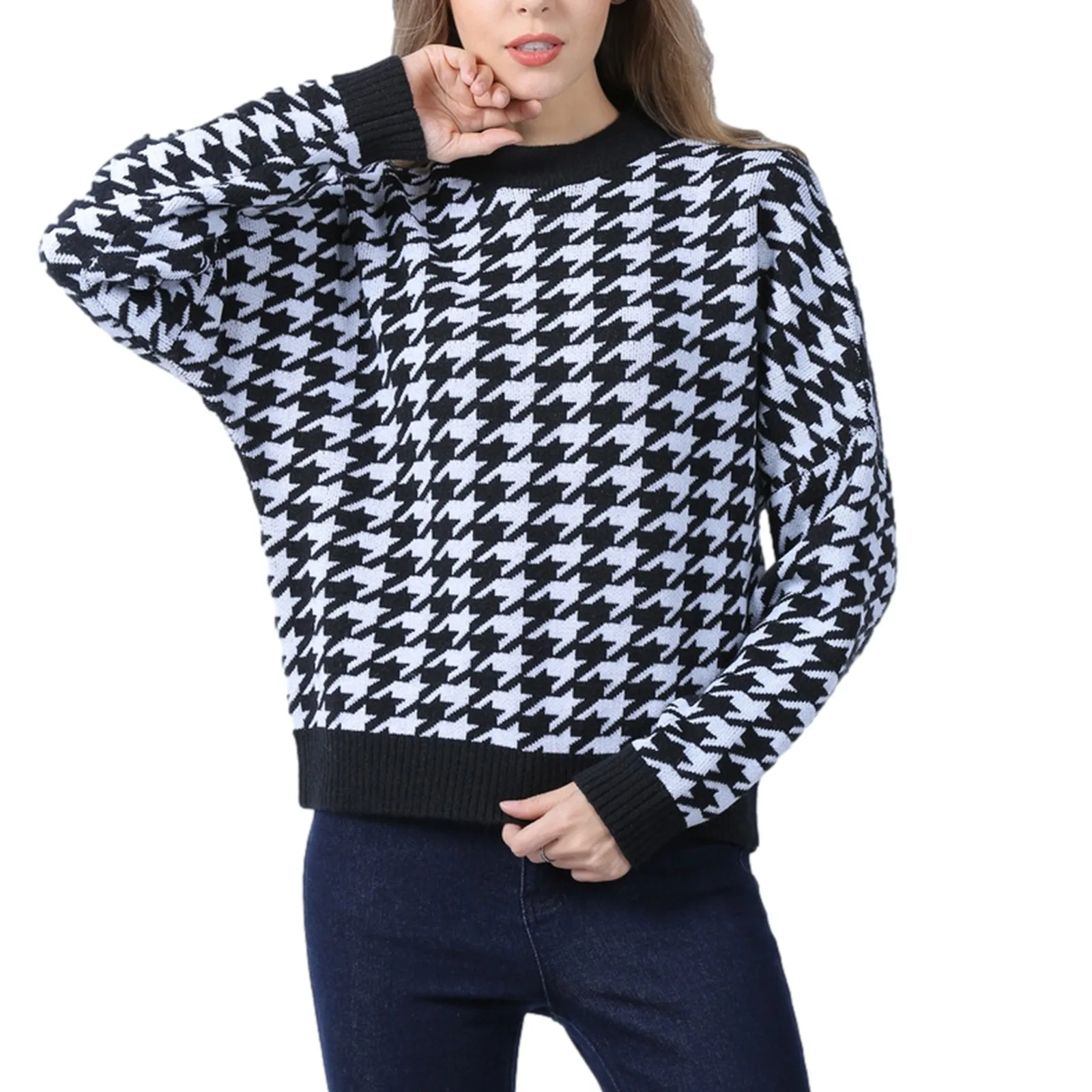 

Women Knitted Pullover with Houndstooth Pattern Sweater Casual Retro Loose Version Spring Clothing