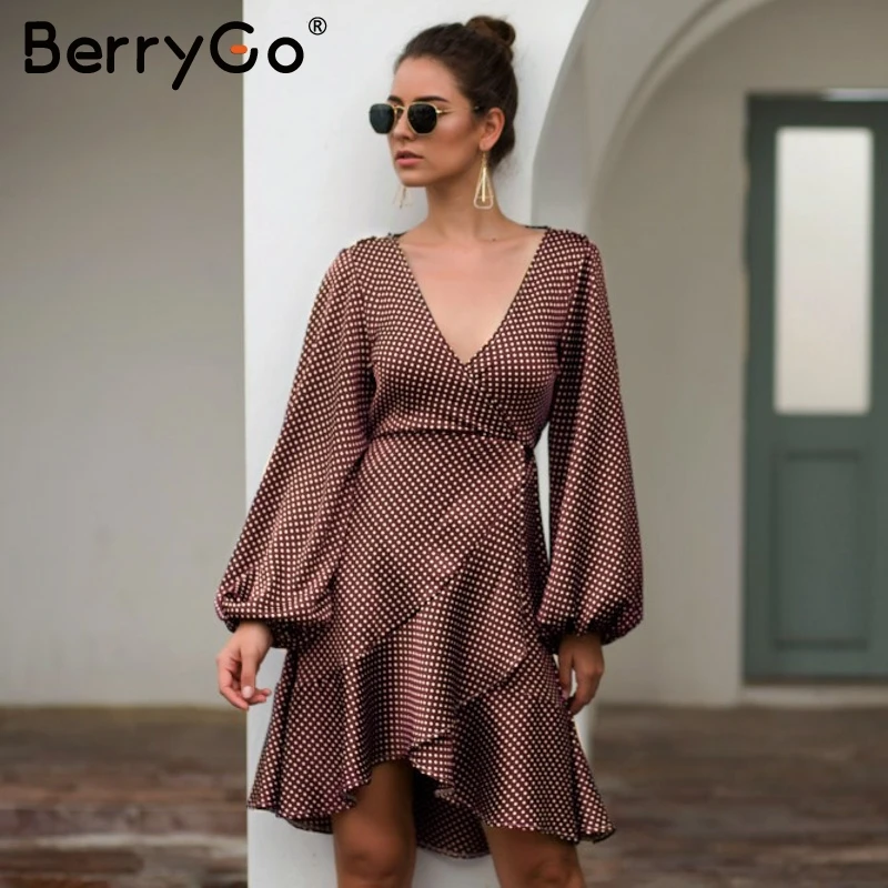 BerryGo элегантный в горошек платье женское сексуальное с оборками v образный вырез