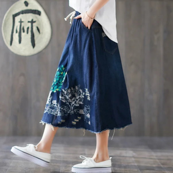 Джинсовые длинные юбки с вышивкой в стиле ретро лето 2019 растягивающаяся Талия